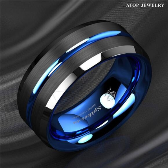 Men's Wedding Band - Blue Line Black Brushed Ring for Men and Women - Picture 2 of 5